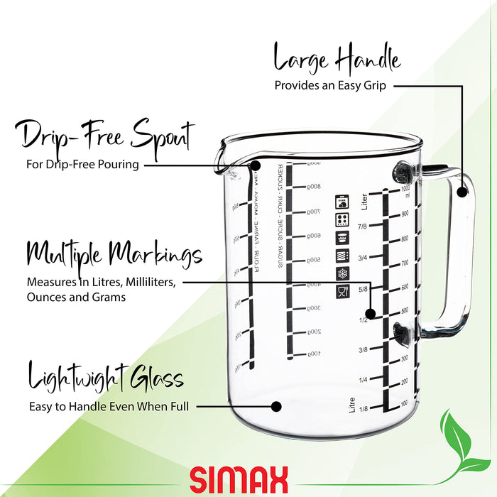 Simax Glass Measuring Cup | Durable Borosilicate Glass Easy to Read Metric Measurements- Liter Milliliter Ounce Sugar Grams Drip Free Spout Microwave