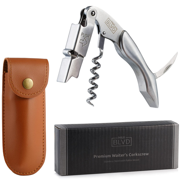 Waiter's Corkscrew with Vegan Leather Sheath by M&R Blvd. - Professional Grade, Deluxe Wine Key - Patented Spring Lever Easy Open