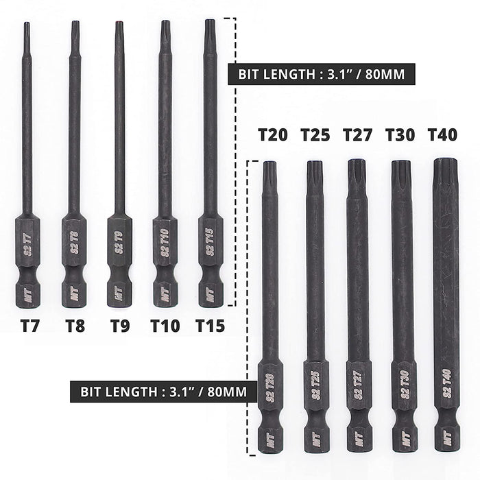 10-Piece Impact Rated 3" Security Torx Bit Set | Temper Proof, Advanced Heat Treatment, Magnetized (S2 Steel w/ MnPO COATING, 3")