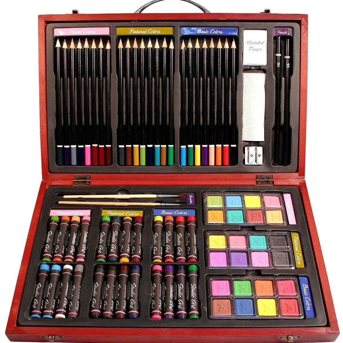 Art 101 USA Deluxe Art Set with 119 Pieces in a Wood Organizer Case,  Includes Color Pencils, Paints, brushes and palettes, Learning guides,  Portable