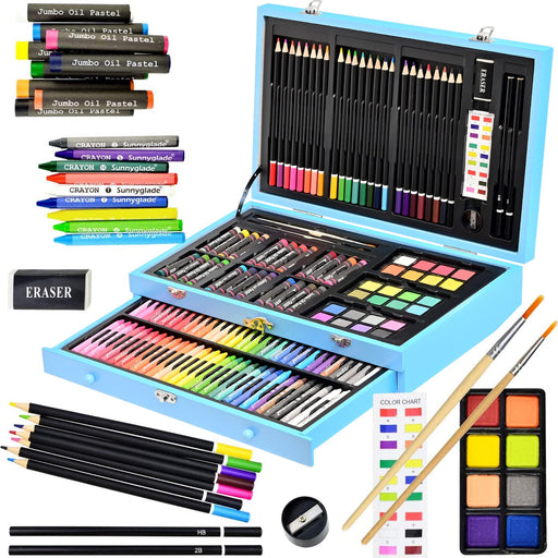 Sunnyglade 185 Pieces Double Sided Trifold Easel Art Set, Drawing Art Box  with Oil Pastels, Crayons, Colored Pencils, Markers, Paint Brush,  Watercolor Cakes, Sketch Pad