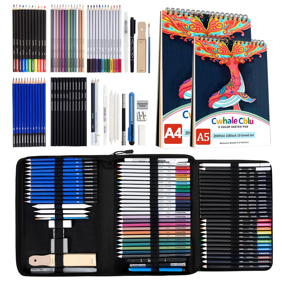 JOY SPOT! 76 Pack Drawing Set, Pro Art Sketching Kit with 3-Color