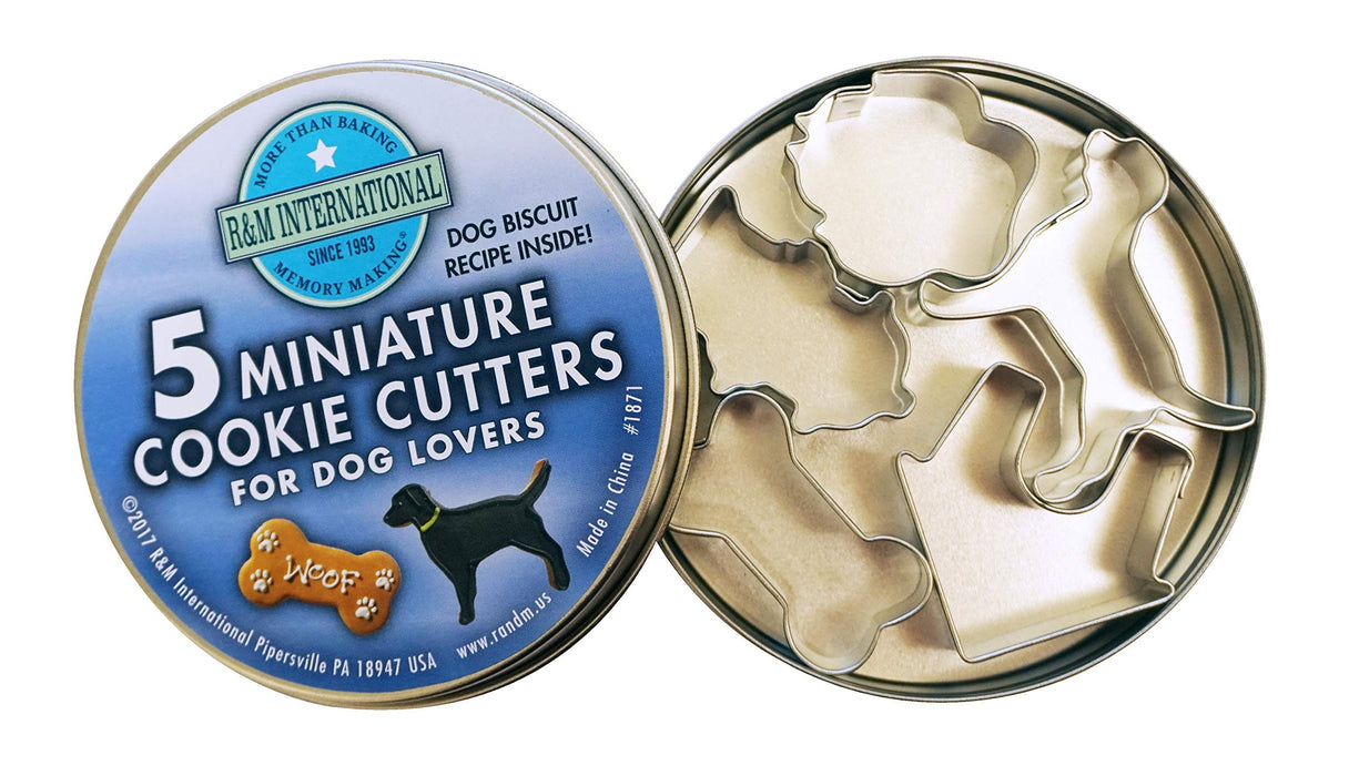 R&M International Mini Dog Cookie Cutters in Storage Tin, Paw, Dog, Fire Hydrant, Bone, House, 5-Piece Set