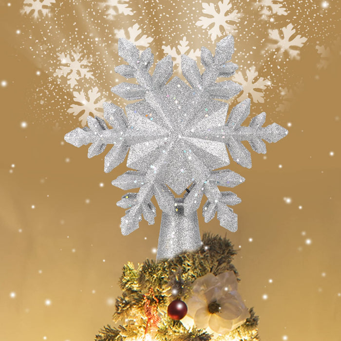 Christmas Tree Topper Lighted,Christmas Snowflake Tree Topper Builtin LED Rotating Lights,3D Projector Lights Christmas Snowflake Tree Topper for Xmas Tree Year Holiday Decorations (Silver)