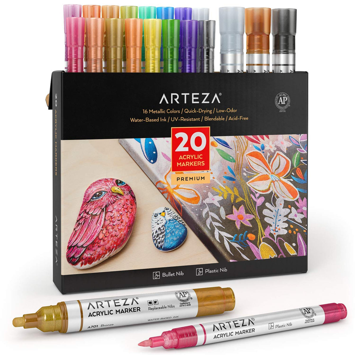 Arteza Acrylic Paint Markers, 7 Acrylic Paint Pens in Classic Colors, 3-in-1 Multi-Line Nibs, 5–15 mm Line, UV-Resistant, Art & Craft Supplies, Use