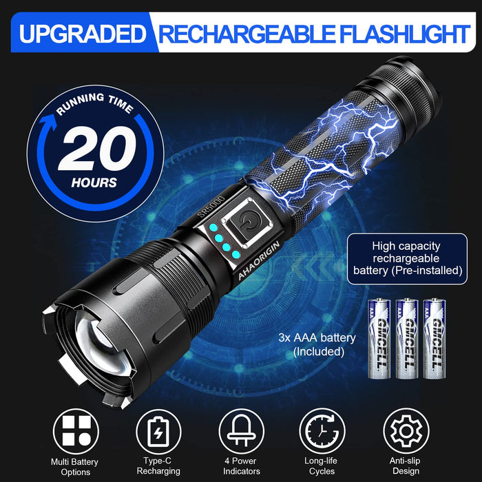 5000 Lumen Rechargeable LED Flashlight Powerful Torch Light USB High Power  Flashlight Built-in battery Outdoor Camping Hand Lamp