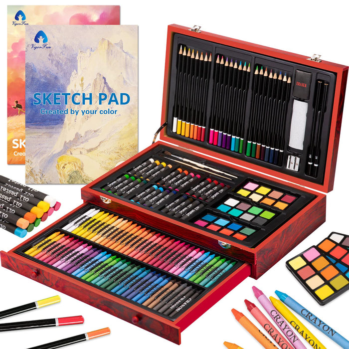 Art Supplies, Deluxe Art Set, Professional Art Kit in Portable Wooden Case,  3 Drawing Pads, Oil Pastels, Colored Pencils, Creative Gift for Teens