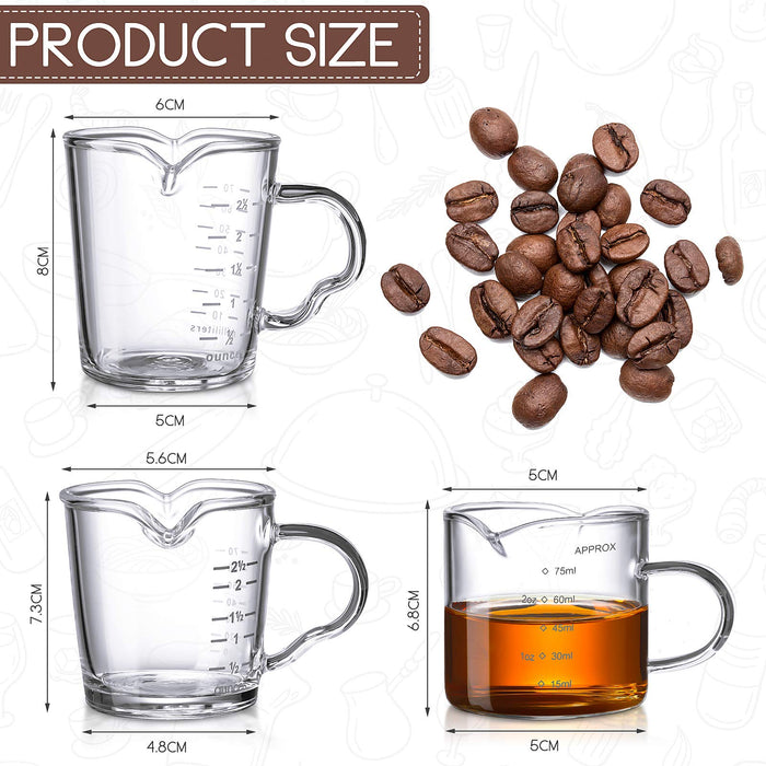 Espresso Shot Glasses,75ml /2.5oz Espresso Measuring Cups with Wood Handle,  Double Spout Measuring Clear Glass Cup for Milk Coffee Espresso Making (2