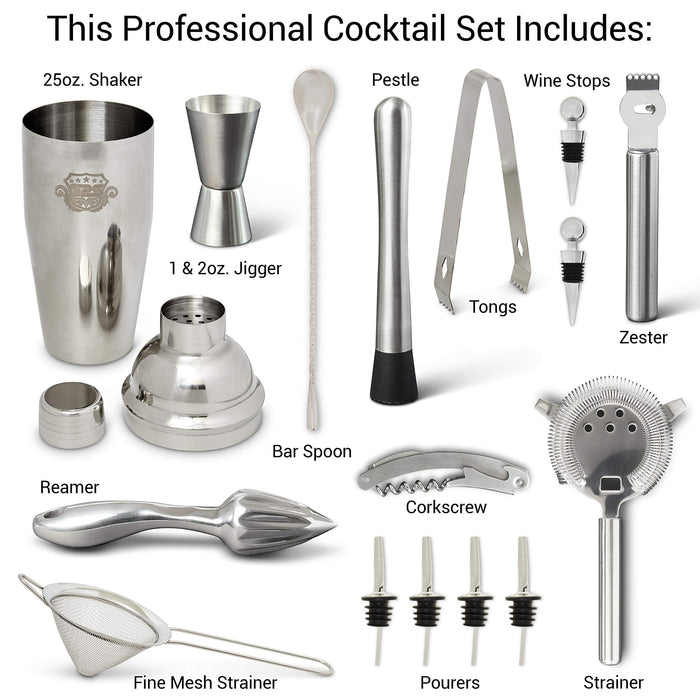 G2S Professional Bartenders Kit and Cocktail Shaker Set with Stand - 17 Piece Stainless Steel Home Bar Accessories with Modern