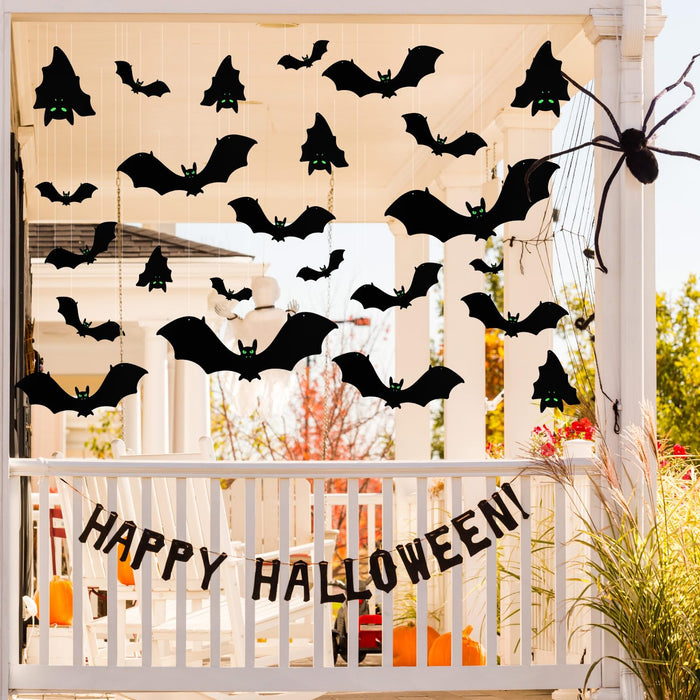 24 Pcs Hanging Bats Halloween Decorations Outdoor, Large Plastic Flying  Bats With Glow-In-The-Dark Eyes For Tree Halloween