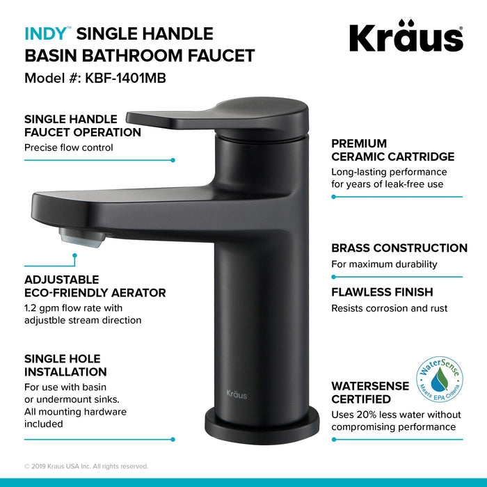 KRAUS Indy Single Handle Basin Bathroom Faucet in Matte Black, KBF-1401MB