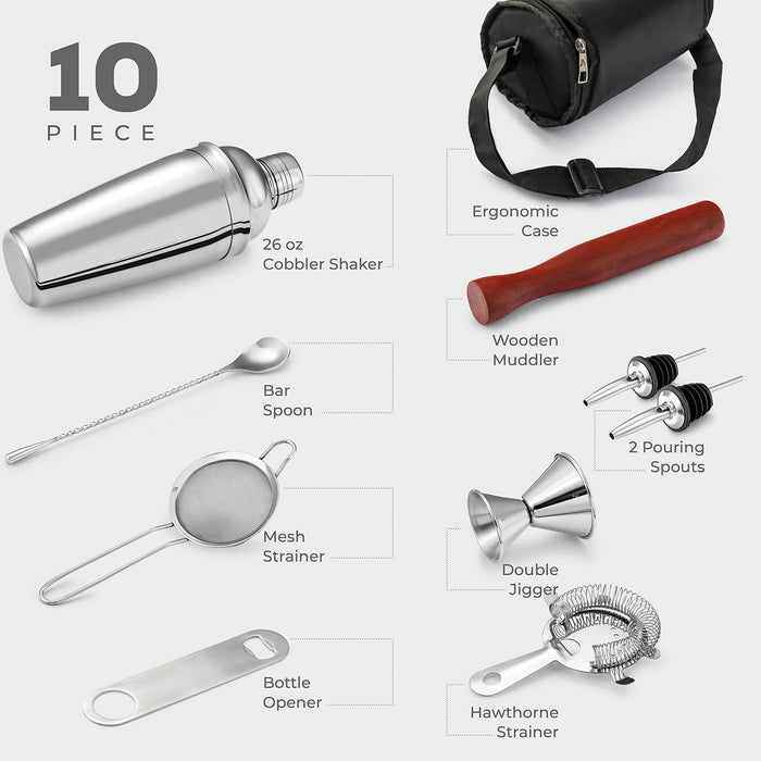 10-Piece Cocktail Shaker Set With Travel Bag - Stainless Steel Cocktail Shaker Set Bartenders Kit - Mixology Bartenders Kit