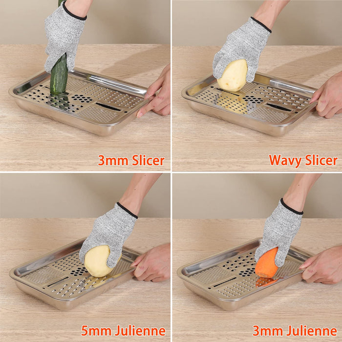 Multifunctional Stainless Steel Grater Square Tray and Peeler With a Glove ,Multifunction Grater Set 3 in 1 Multi-purpose