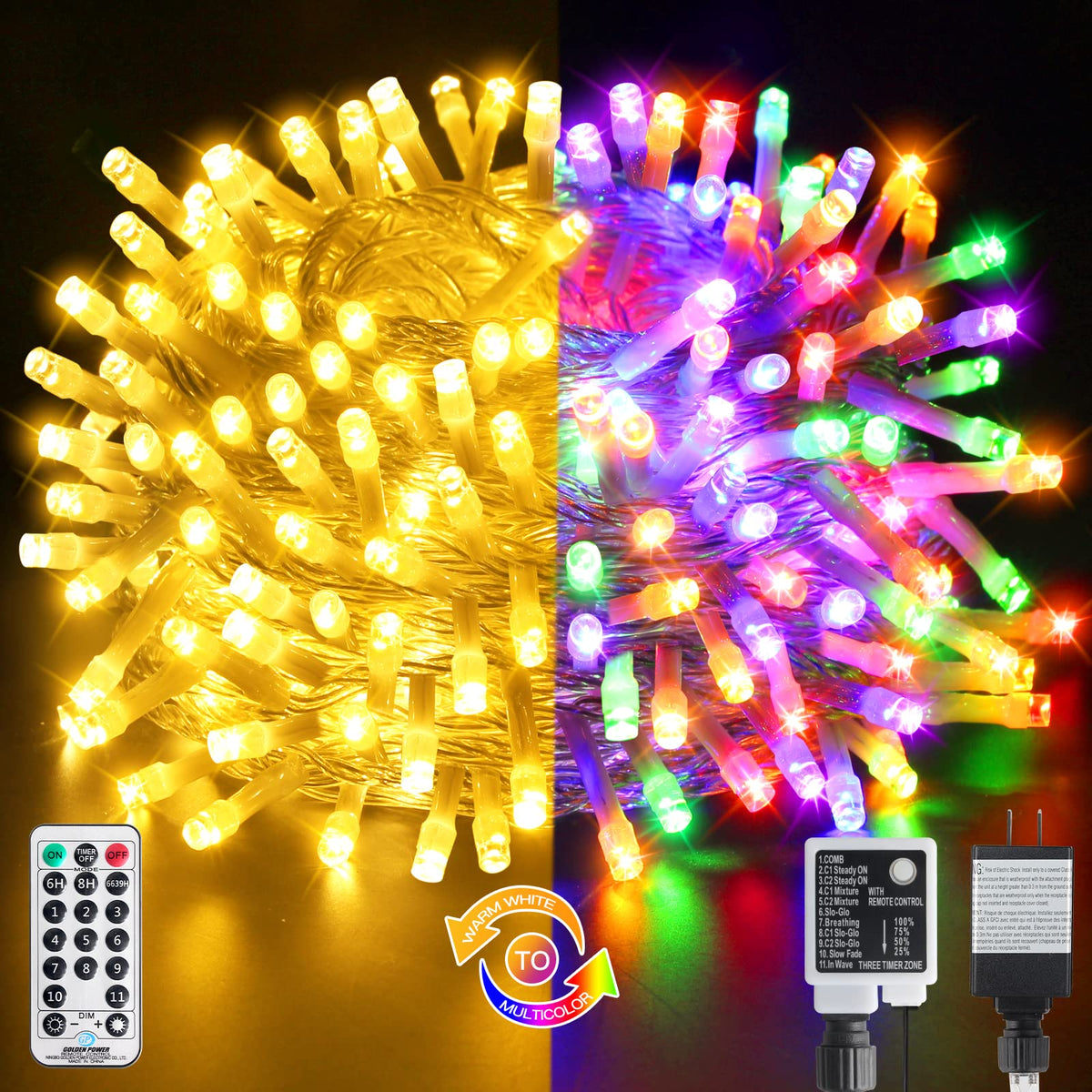 brizlabs Christmas Lights, 180ft 500 LED Color Changing Christmas Lights  with Remote Timer, 11 Modes Warm