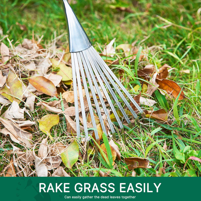 Berry&Bird Gardening Hand Shrub Rake, 14.7" Stainless Steel Grass Rake, 9 Tines Fan Lawn Leaf with Ergonomic Wooden Handle, Small Hand Rake for Sweep Leaves & Loose Debris in Garden, Lawns and Yards