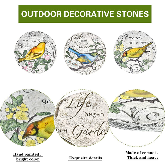 Sungmor 3PC Pretty Garden Stepping Stones, 9.5" Large Concrete Decorative Stones with Beautiful Pattern, Unique Outdoor Lawn Accents, Yard Walkway Flower Bed Wall Shelf Welcome Friends Decorations