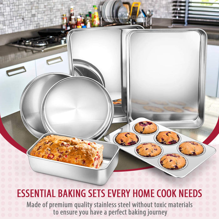 12-Piece Stainless Steel Bakeware Sets, E-far Metal Baking Pan  Set Include Round Cake Pans, Square/Rectangle Baking Pans with Lids, Cookie  Sheet, Loaf/Muffin/Pizza Pan, Non-toxic & Dishwasher Safe: Home & Kitchen