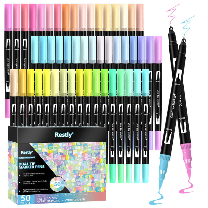 RESTLY 50 Pastel Colors Brush Markers Pens for Adult Coloring