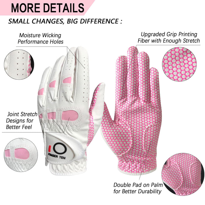 FINGER TEN Women's Golf Gloves Ladies Left Hand Right Value 6 Pack, All  Weather Extra Grip Size Fit Small Medium Large XL