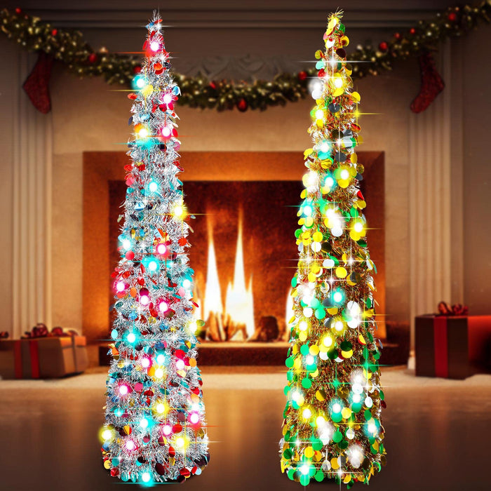 2 Pieces 5 ft Pop up Tinsel Christmas Tree Skinny Pencil Christmas Tree Artificial Sequin Slim Collapsible Tinsel Coastal Tree Decor for Holiday Xmas Office Fireplace Indoor Outdoor Decorations