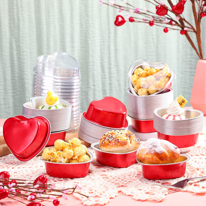 200 Pieces Red Heart Shaped Cake Pans with Lids 3.4 Ounces/ 100 ml