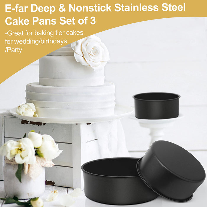 Cake Pans Set of 3, 8 x 3 Inch E-far Stainless Steel Round Cake Baking  Pans, Deep Metal Cake Tins for Small Tier Layer Cake Wedding Birthday
