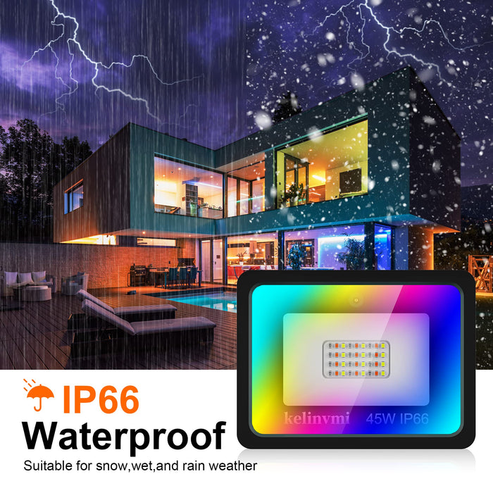 KELINVMI 45W LED RGB Flood Lights,500W Equivalent Outdoor Dimmable Color Changing Floodlight with 44 Keys Remote, IP66 Lighting with US Plug for Indoor, Party, Garden, Landscape, Stage Lights (4 pack)