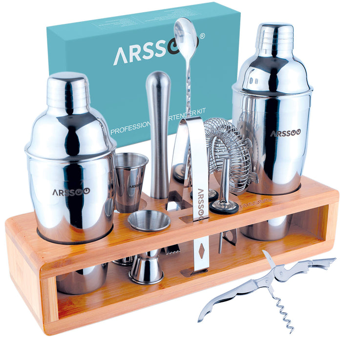 Mixology Bartenders Kit 16-Piece Premium Stainless Steel Cocktail Shaker Set & Stylish Bamboo Stand | Perfect Home Drink Mixing