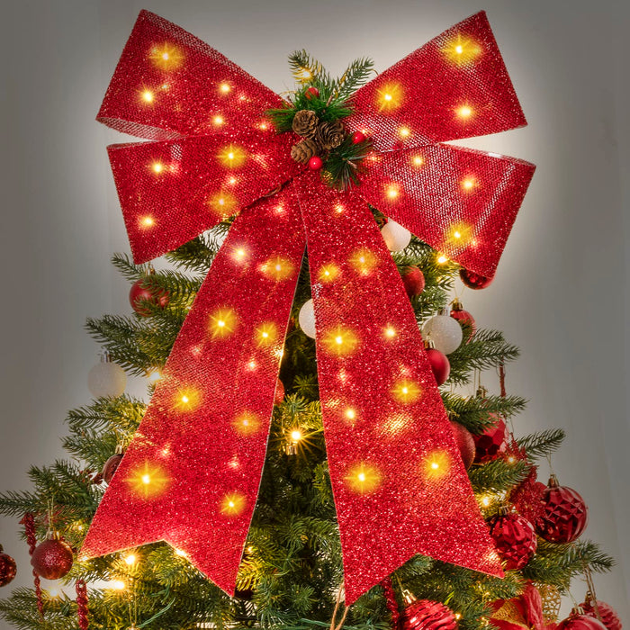 Christmas Tree Topper Bow, Large Red Bow with Warm Lights 8 Effects Remote Control for Christmas Tree,Wreath,Fireplace Christmas Indoor Outdoor Decorations Bow (Red)