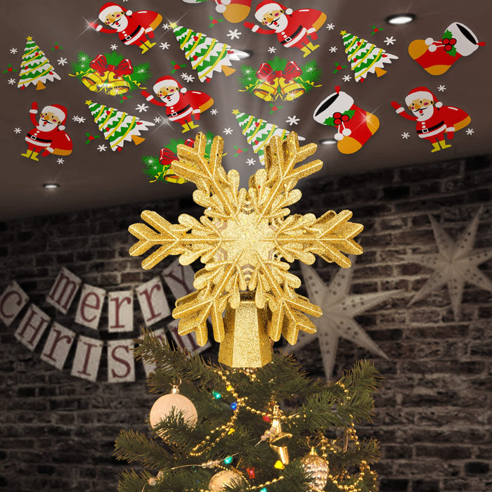 Christmas Tree Topper Lighted with Led Rotating Santa Claus Pattern Projector Lights, 3D Glitter Sparkling Gold Snowflake Projector Plug in Christmas Tree Ornament for Indoor Holiday Decoration