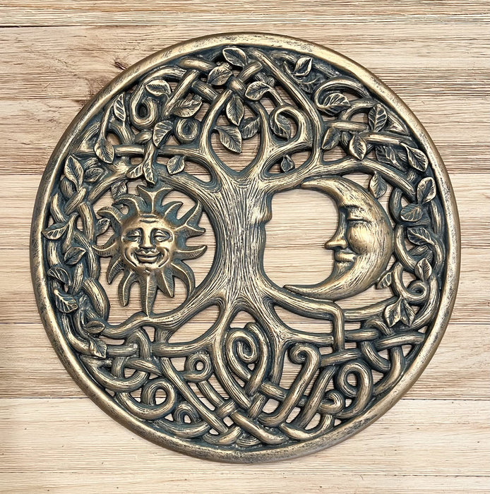 Top Brass Sun and Moon Face Tree of Life Wall Plaque Decorative Spiritual Celtic Garden Art Sculpture Celestial Harmony