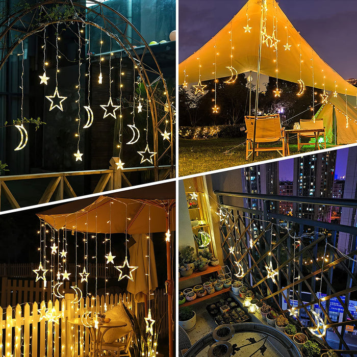 Solar Lights Outdoor Moons Stars String Lights 138LED Solar Curtain Lights  USB Rechargeable 8 Lighting Modes Timmer Remote Twinkle Fairy Lights for