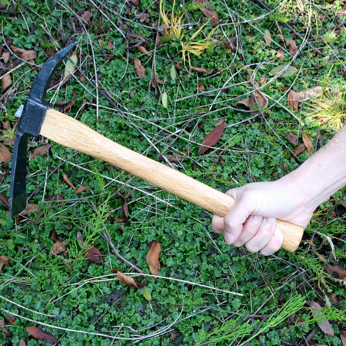KAKURI Pick Axe for Digging 14-3/4" Garden Pick Mattock Hoe, Heavy Duty Japanese Hand Forged Steel, Pickaxe Tool for Digging, Weeding, Cultivating, Loosening Soil, Wood Handle, Made in Japan