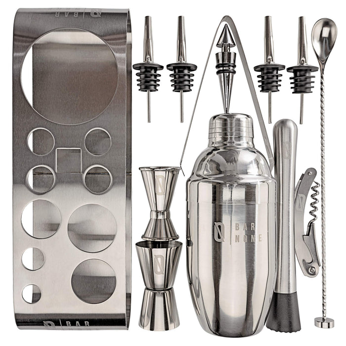 BAR NONE The Cocktail Set | 12-Piece + Stand Bar Set | Exquisite Quality Bartenders Kit + Tools | Martini Shaker, Jigger, Shots