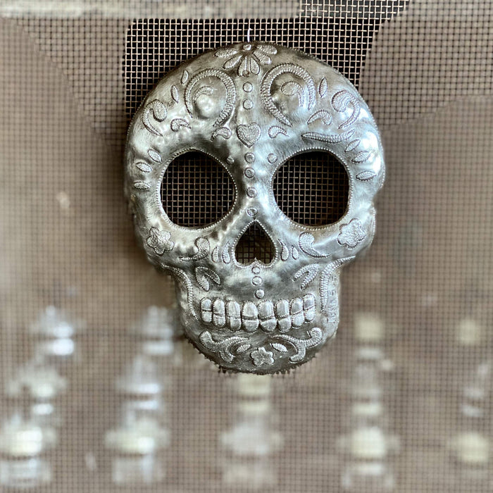 Skeleton Decor, Sugar Skull, Day of the Dead, Halloween, Decorative Metal Wall Hanging Voodoo Plaque, Upcycled Artwork from Hai