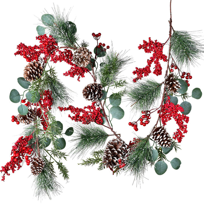 DearHouse 6 FT Red Berry Christmas Garland with Berries Pine Cones Spruce Eucalyptus Leaves Winter Greenery Garland for Holiday Season Mantel Fireplace Table Runner Centerpiece Decor