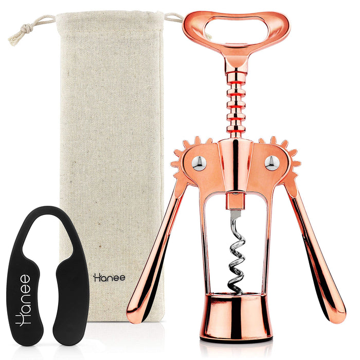 Wing Corkscrew Set by Hanee (Rose Gold) - Wine Bottle Opener - Wine Opener & Beer Bottle Opener with Foil Cutter and Pouch