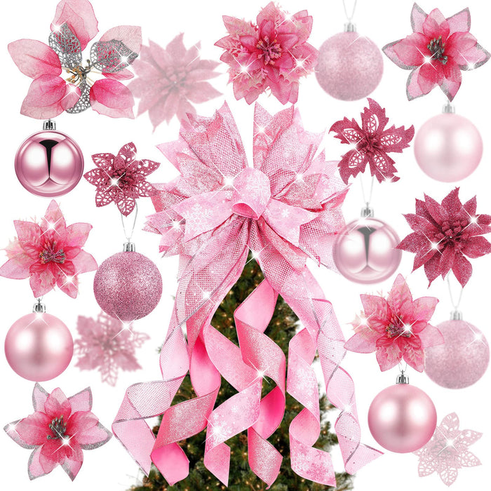 Pink Christmas Gift Wrapping Paper , Pink Poinsettia Glitter