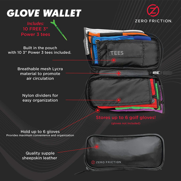 Zero Friction Glove Wallet, Keeps Golf Gloves Dry and Clean, 10 Bonus Tees Included, Black, Universal-fit