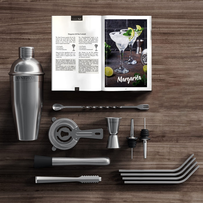 Cocktail Shaker Set + Recipes Book - Premium Stainless Steel Bar Kit: Strainer, Double Jigger, Mixing Spoon | Pro Bartenders Makin