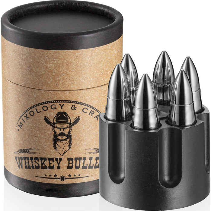 Whiskey Stone Bullets Set - Stainless Steel Bullet Shaped Whiskey Stones with Revolver Freezer Base, Reusable Bullet Ice Cube
