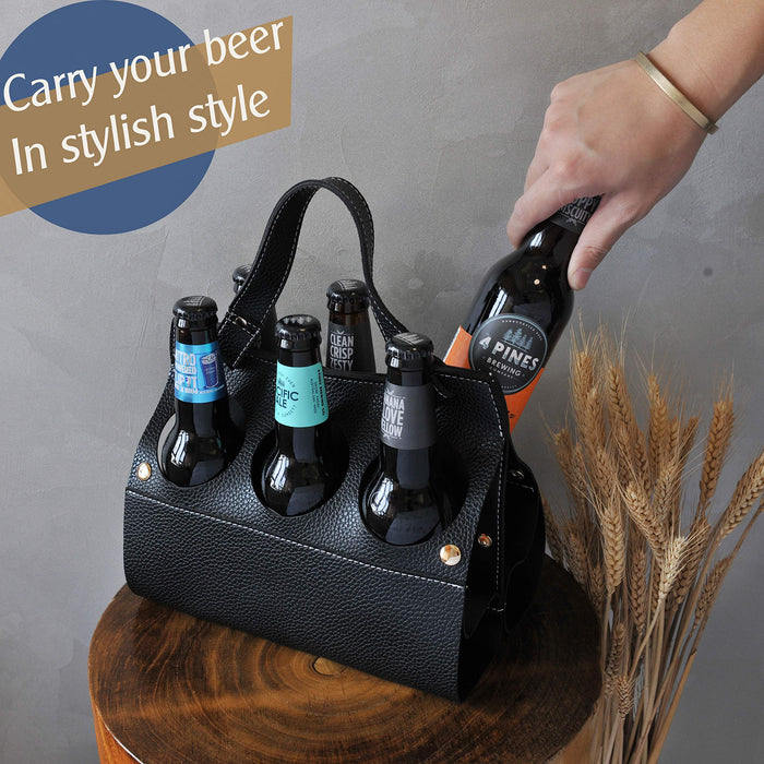 6 Pack Beer Caddy Beer Carrier Vegan Leather Bottle Holder for Party Picnic BYOB Restaurant Shopping (Black)