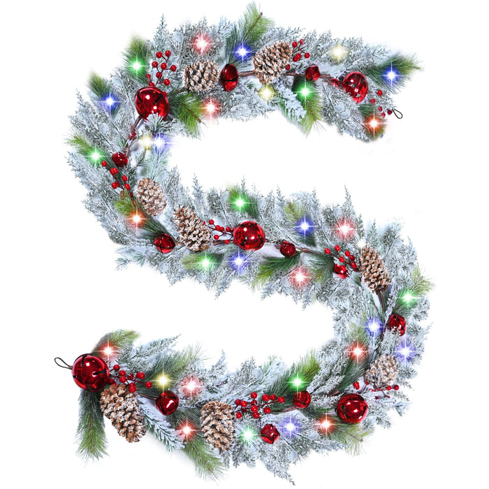 DDHS 9FT Christmas Garland, Snow Flocked Pre-lit Garland with Bells Red Berries Pinecones and Battery Operated 60 Lights, Holiday Need for Mantle Fireplace Outdoor Garland Christmas Decorations