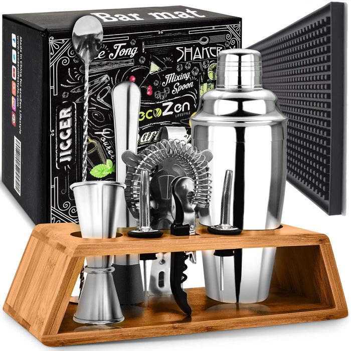 Cocktail Shaker Set Bartenders Kit with Stand and Bar Mat | Essential Bar Accessories and Barware for The Home Bar Kit I Mixology
