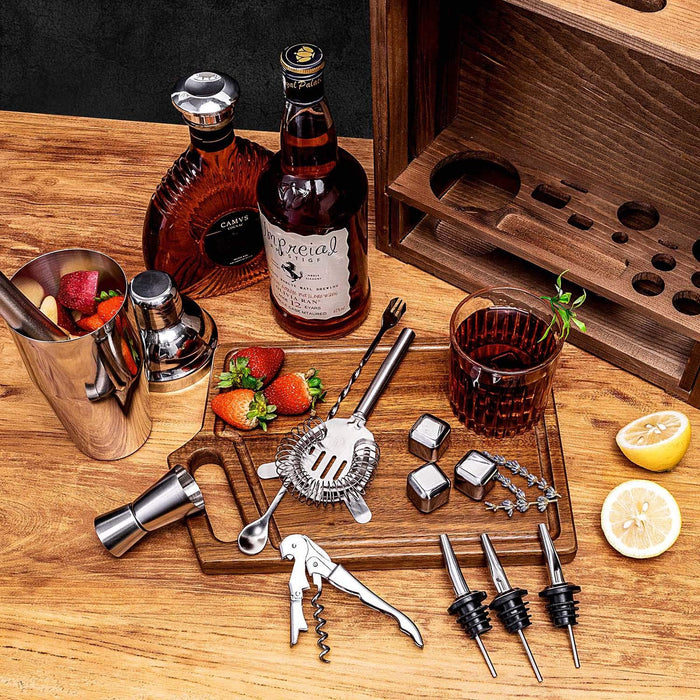 18 Piece Cocktail Shaker Set with Rustic Pine Stand, s for Men Dad Grandpa,Stainless Steel Bartenders Kit Bar Tools Set, Home, Bar