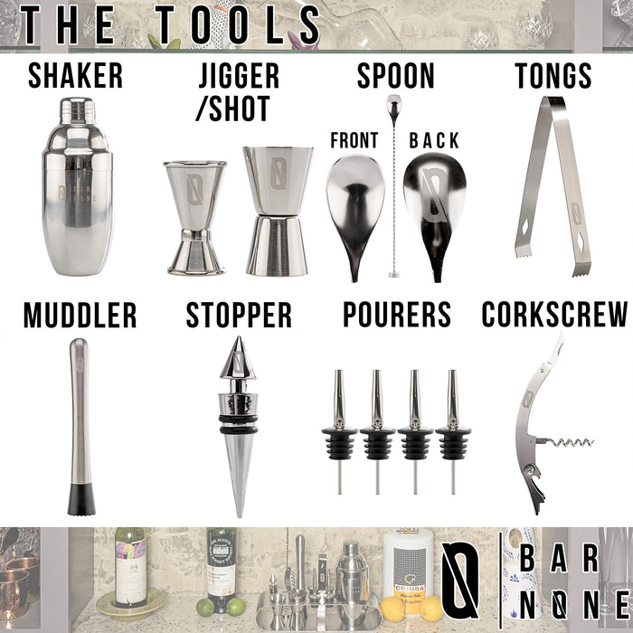 BAR NONE The Cocktail Set | 12-Piece + Stand Bar Set | Exquisite Quality Bartenders Kit + Tools | Martini Shaker, Jigger, Shots