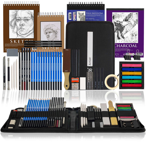 U.S. Art Supply 20 Piece Professional Artist Sketch Set in Hard Storage Case - Sketch & Charcoal Pencils, Pastel, Stumps, Eraser, Sharpeners - Bonus
