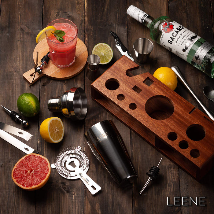 LEENE 19-Piece Bartenders Kit – Professional Cocktail Shaker Set with Sleek Sapele Wood Stand | Drink Mixer Cocktails Strainer |