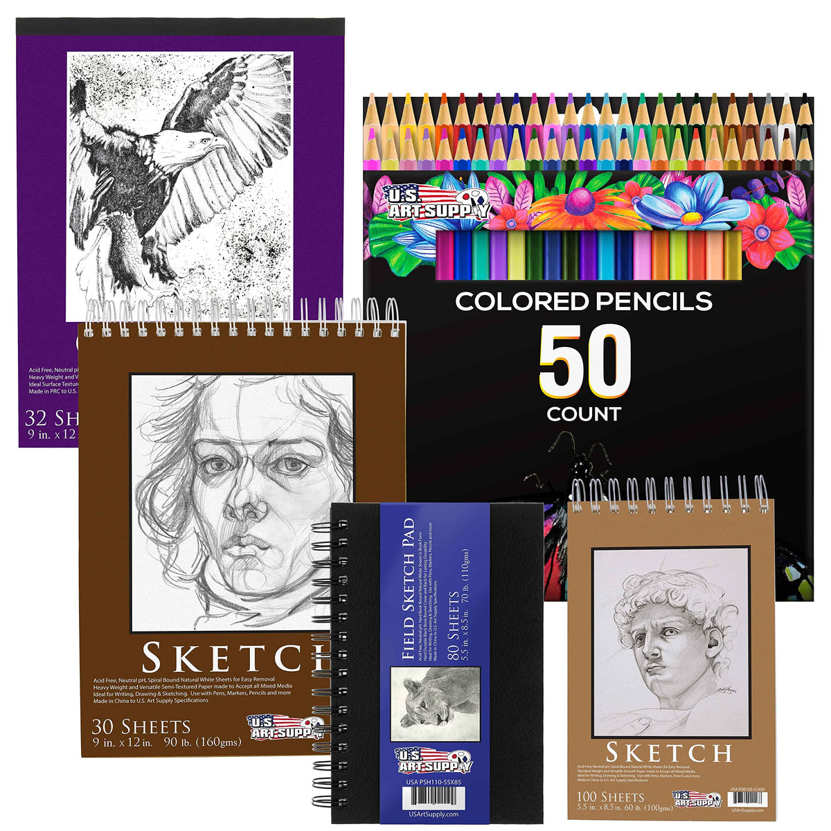 U.S. Art Supply 50 Piece Adult Coloring Book Artist Grade Colored Pencil Set with 2 Packs 9 x 12 Sketch Pads Drawing Paper - Sketching Shading