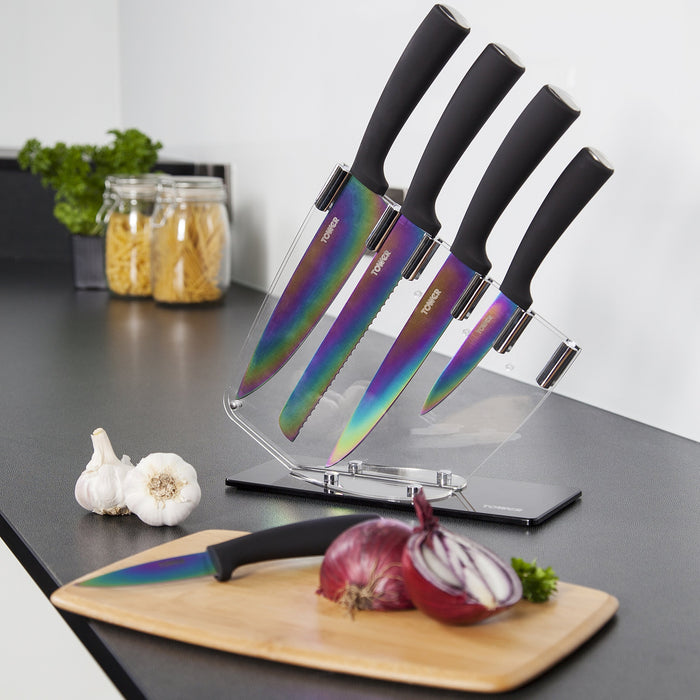 ZHUJIABAO Black Kitchen Knife Block Set with Acrylic Stand 6pcs Professional Stainless Steel Chef Knife Set with Nonstick Coating and Ultra Sharp